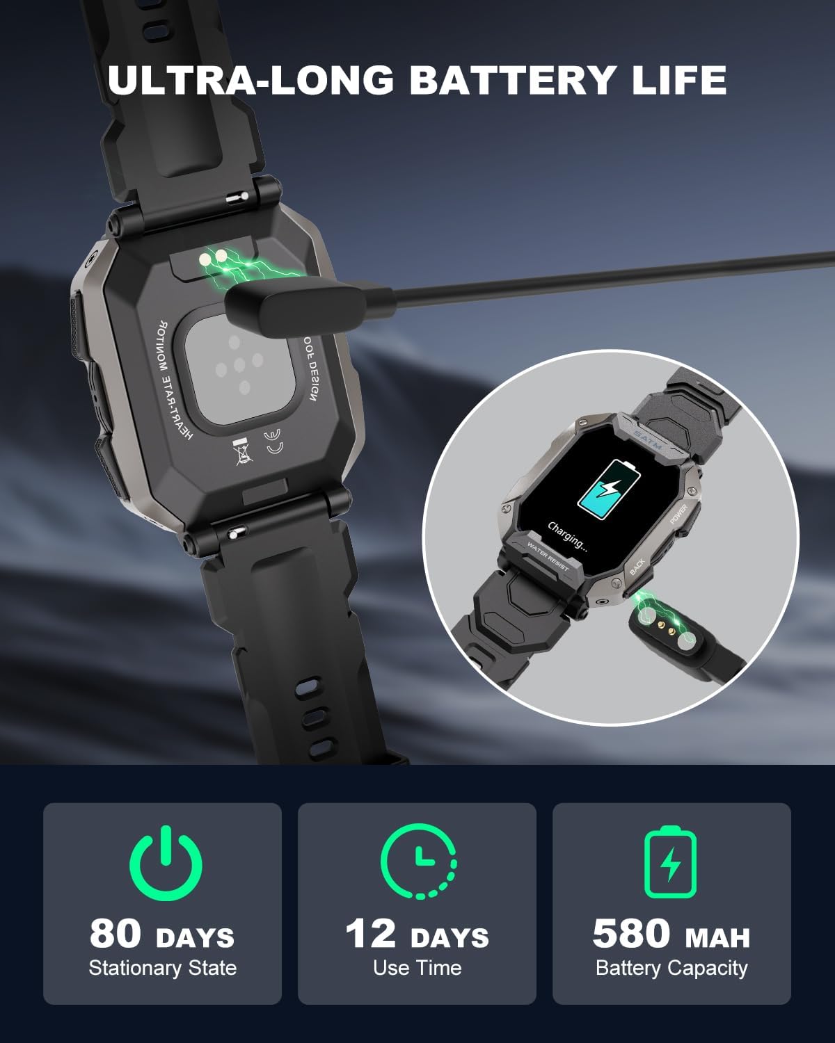 Military Smart Watches for Men IP68 Waterproof for Swimming, with Answer/Make Calls, Extra-Long Battery Outdoor Tactical Smart Fitness Watch, Blood Pressure/Heart Rate Smartwatch for Android, Black - Image 6