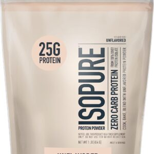 Isopure Zero Carb 100% Pure Whey Isolate Protein Powder, Lactose Free, Gluten Free, With Vitamins, Unflavored, 25g Protein Per Serving, 1 Lb, 16 Servings