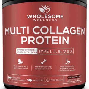 Wholesome Wellness Multi Collagen Protein Powder Hydrolyzed (Type I II III V X) Grass-Fed All-in-One Super Bone Broth + Peptides – Premium Blend of Beef, Chicken, Wild Fish, Eggshell, 58 Servings