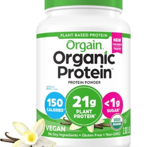 Orgain Organic Vegan Protein Powder, Vanilla Bean – 21g Plant Protein, 6g Prebiotic Fiber, No Lactose Ingredients, No Added Sugar, Non-GMO, For Shakes & Smoothies, 2.03 lb (Packaging May Vary)