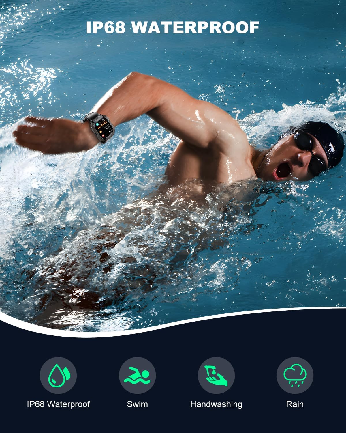 Military Smart Watches for Men IP68 Waterproof for Swimming, with Answer/Make Calls, Extra-Long Battery Outdoor Tactical Smart Fitness Watch, Blood Pressure/Heart Rate Smartwatch for Android, Black - Image 7