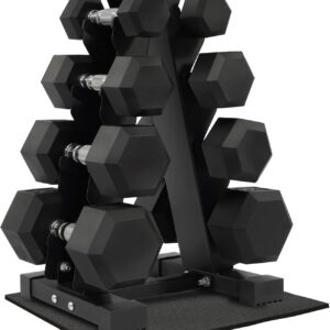 Rubber Coated Hex Dumbbell Weight Set and Storage Rack, 100LB Set or 150LB Set, 5-20 lbs Pairs or 5-25 lbs Pairs