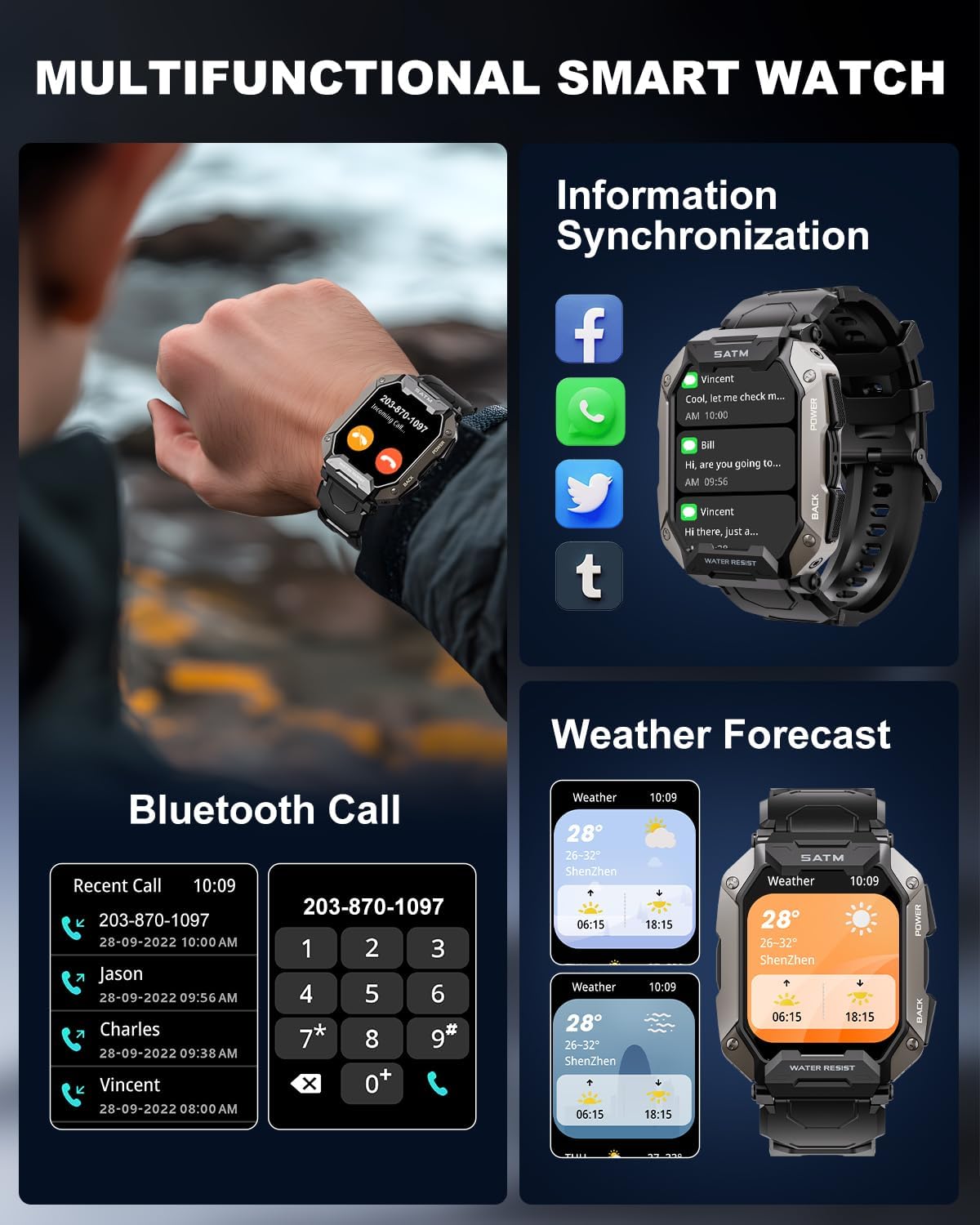 Military Smart Watches for Men IP68 Waterproof for Swimming, with Answer/Make Calls, Extra-Long Battery Outdoor Tactical Smart Fitness Watch, Blood Pressure/Heart Rate Smartwatch for Android, Black - Image 3
