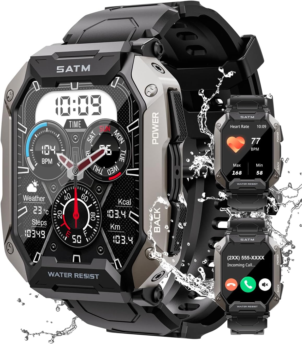Military Smart Watches for Men IP68 Waterproof for Swimming, with Answer/Make Calls, Extra-Long Battery Outdoor Tactical Smart Fitness Watch, Blood Pressure/Heart Rate Smartwatch for Android, Black