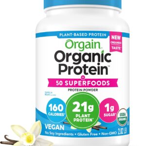 Orgain Organic Vegan Protein + 50 Superfoods Powder, Vanilla Bean – 21g Plant Based Protein, 8g Prebiotic Fiber, No Lactose Ingredients, Gluten Free, No Added Sugar, Non-GMO, 2.02 lb