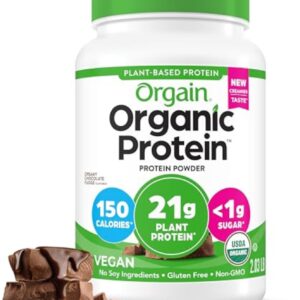 Orgain Organic Vegan Protein Powder, Creamy Chocolate Fudge – 21g Plant Protein, 7g Prebiotic Fiber, Low Net Carb, No Lactose, No Added Sugar, For Shakes & Smoothies, 2.03 lb (Packaging May Vary)