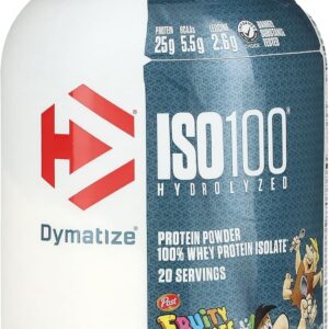 Dymatize ISO100 Whey Protein Powder Isolate, Fruity Pebbles, 25g of Protein, 20 Servings, 5.5g BCAAs, Less Than 120 Cal., Gluten Free, 1g Fat, 1g Sugar, 2g Carb