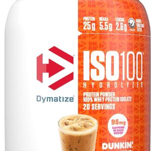 Dymatize ISO100 Hydrolyzed 100% Whey Isolate Protein Powder in Dunkin’ Cappuccino Flavor, 25g Protein, 95mg Caffeine, 5.5g BCAAs, Gluten Free, Fast Absorbing, Easy Digesting, 21.5 Oz
