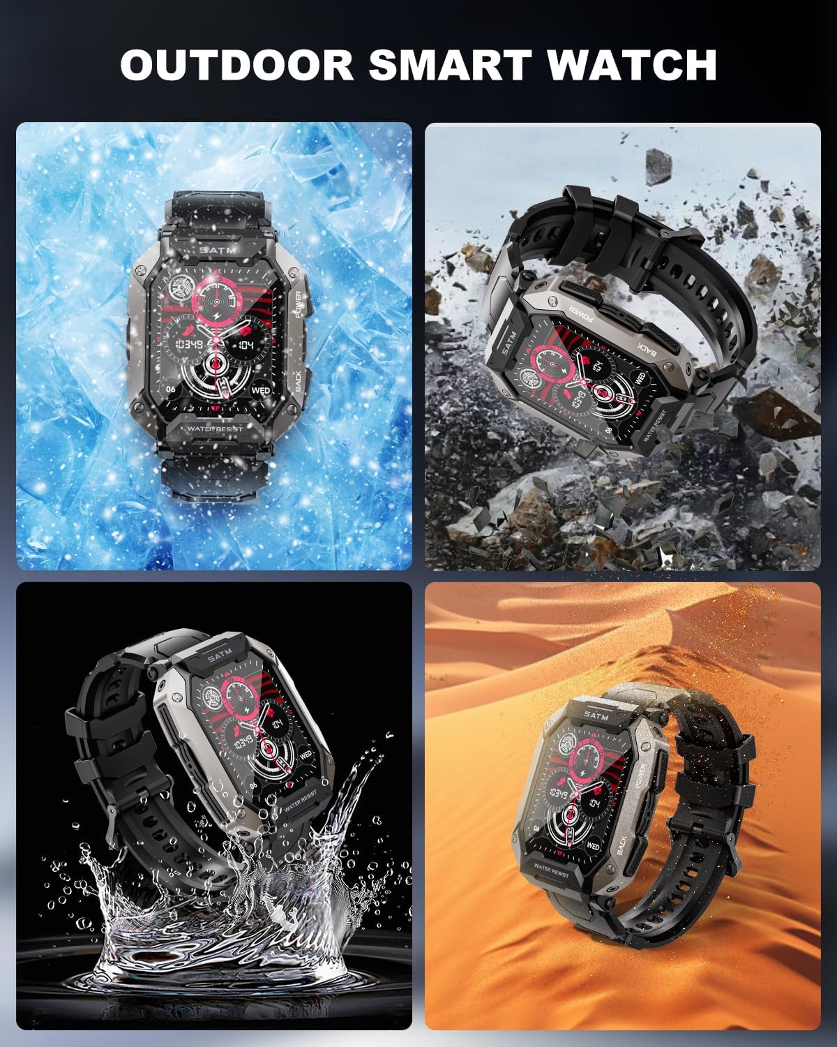 Military Smart Watches for Men IP68 Waterproof for Swimming, with Answer/Make Calls, Extra-Long Battery Outdoor Tactical Smart Fitness Watch, Blood Pressure/Heart Rate Smartwatch for Android, Black - Image 2